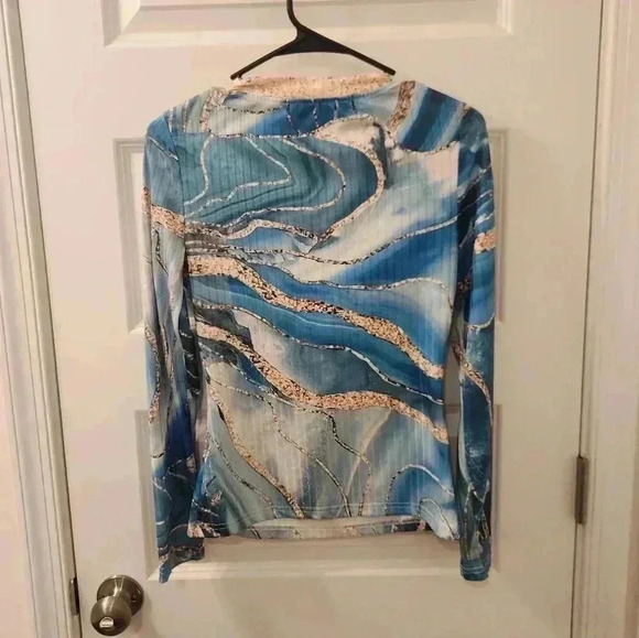 Y2K Blue Gold Button Down V Neck Long Sleeve Size S Chicme #Q361 - Picture 4 of 6